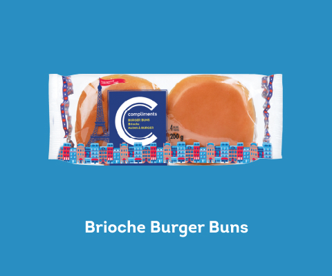 Clear plastic wrapped package with blue Compliments label containing 4 brioche hamburger buns