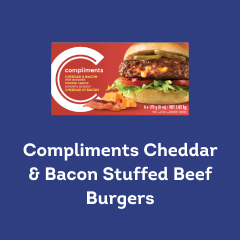 Red cardboard package of Compliments Cheddar and Bacon stuffed beef burgers