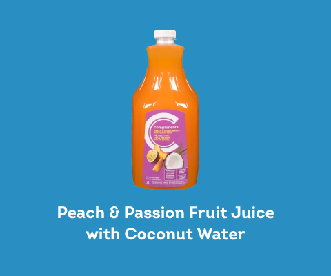 clear jug of peach-coloured peach-passionfruit jucie with coconut water