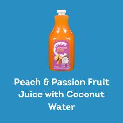 clear jug of peach-coloured peach-passionfruit jucie with coconut water