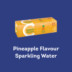 yellow box of 12 cans of Compliments pineapple flavour sparkling water