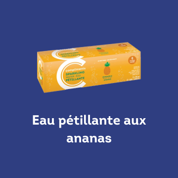 boîte jaune de 12 canettes d'eau gazeuse à saveur d'ananas Compliments